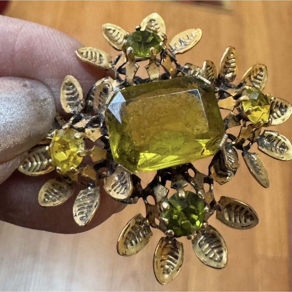 Vintage Signed Austria Floral Brooch‎ - Olivine & Golden Topaz Crystal - 1950s